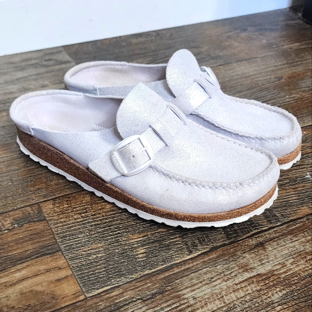 Birkenstock Buckley Natural Leather Metallic silver Mule Size 38